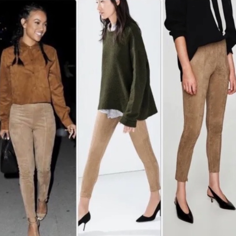 Zara Micro Suede High Rise Ankle Zip Crop Pants Slim Fit Tan Color Size Small